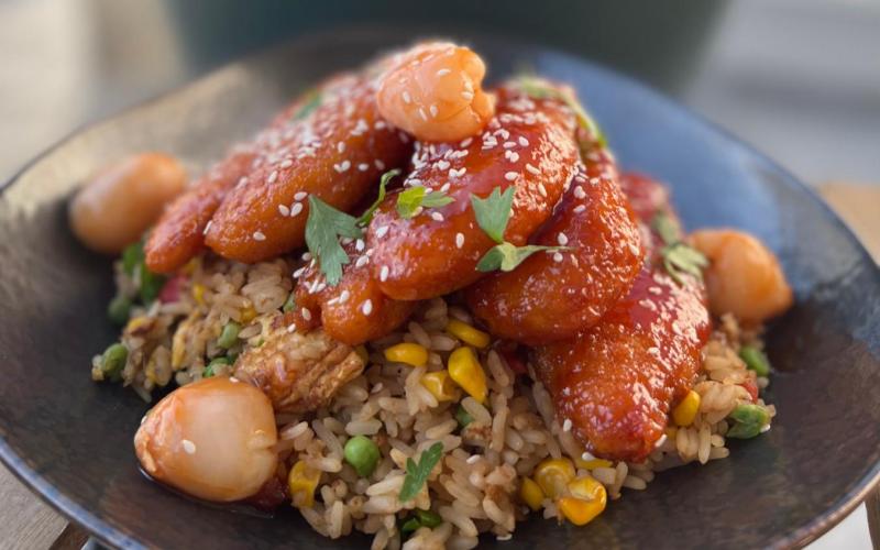 Sweet & Sour chicken with Lychees and egg fried rice